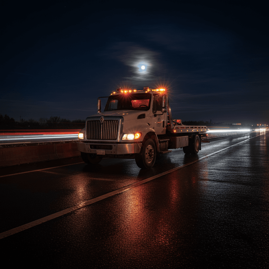 Flatbed tow truck on highway shoulder at night with emergency lights on