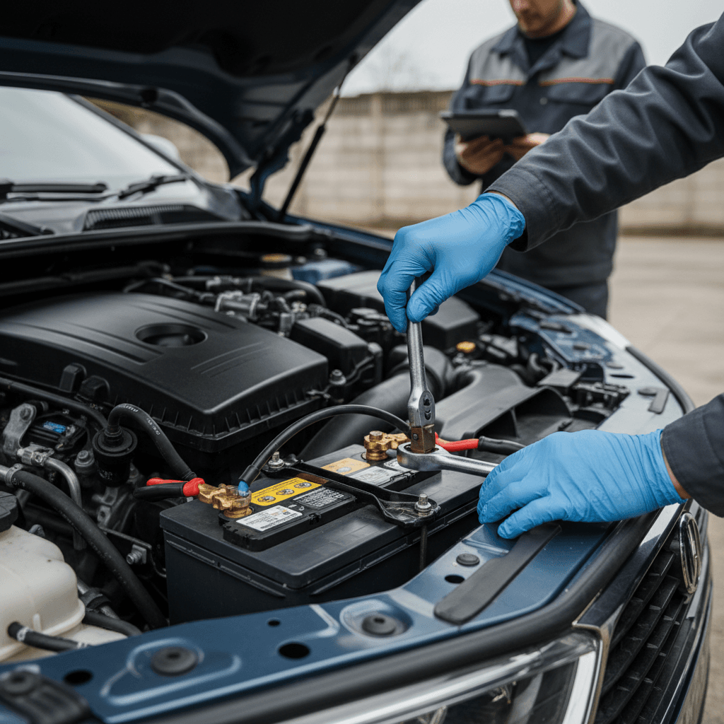 Mechanic's hands attaching jumper cables to a car battery during a roadside jump start