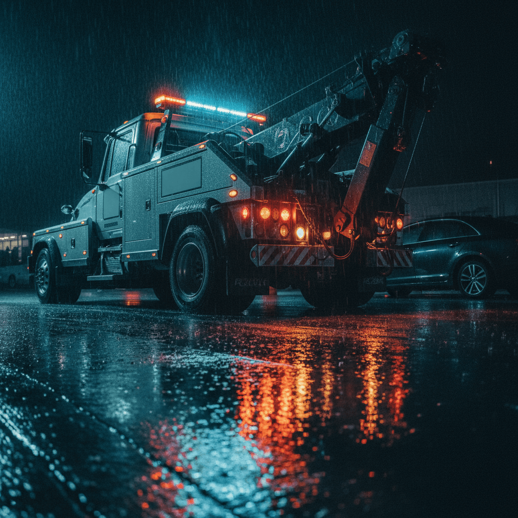 Tow truck hook connecting to a car on a dark highway at night