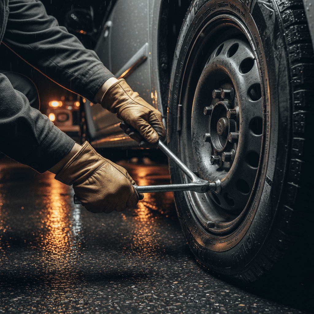 Person changing a flat tire on a sedan on a highway shoulder