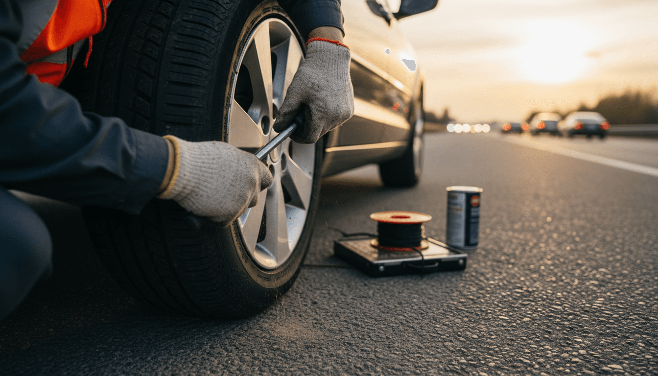 A roadside assistance technician kneeling beside a sedan with the hood up, holding jumper cables on a dark road